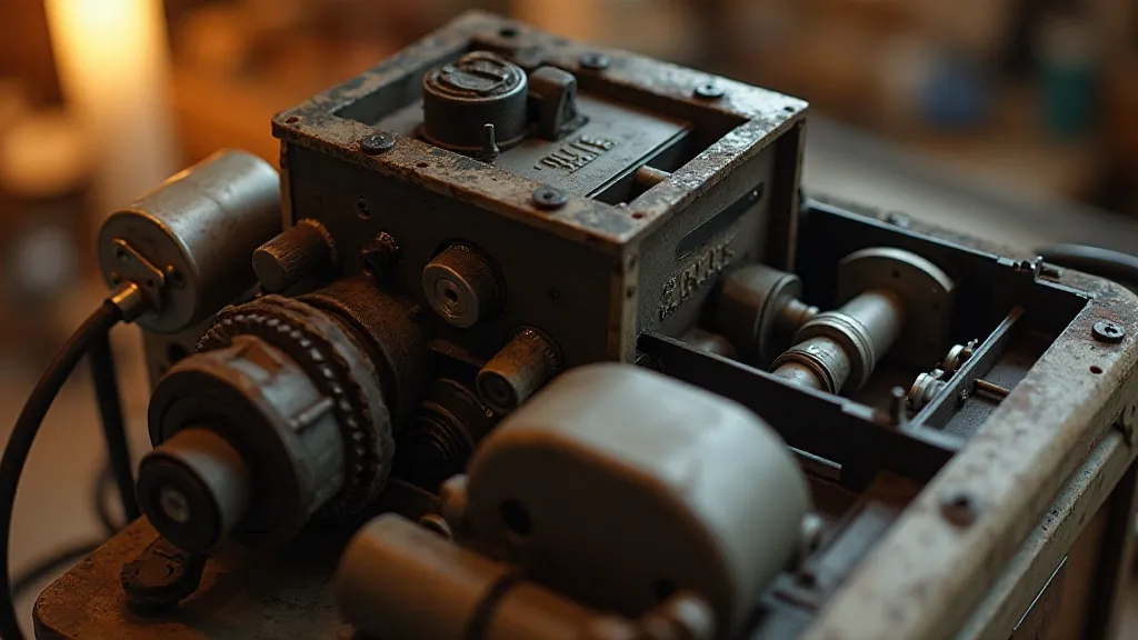 Disassembled vintage slide projector showing components