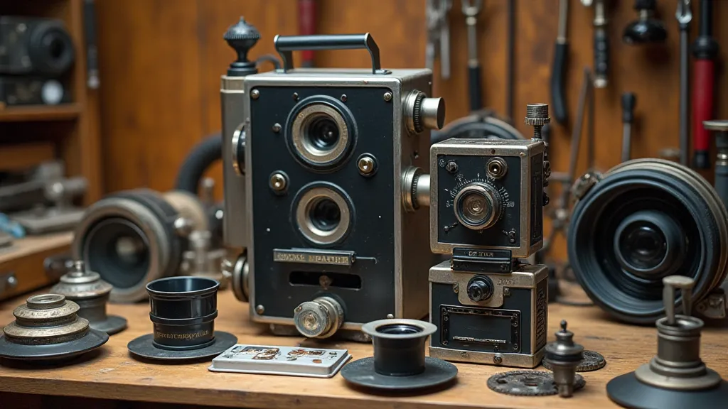Vintage projector parts on a workbench